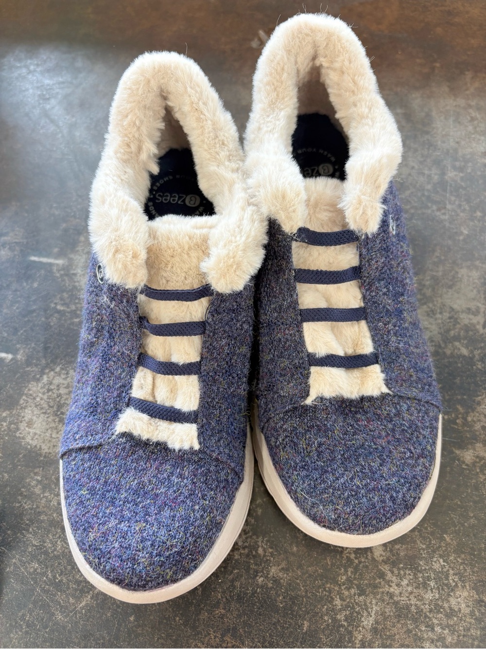 Bzees Women's Navy Blue Tweed Slip-On Sneakers with Cream Faux Fur
